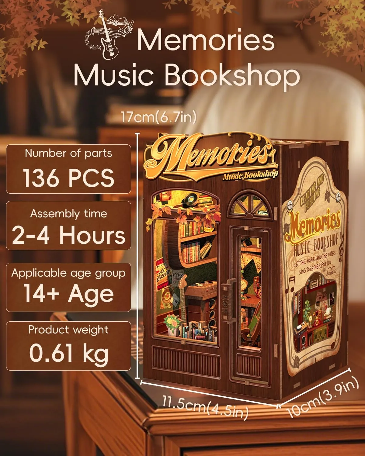 (Memories Music Bookshop) CUTEBEE Book Nook Kit - DIY Miniature House Dollhouse Kit for Adult and Teens, Booknook Bookshelf Decor Alley Model Build with LED Light, Gifts commute for Family and Friends 