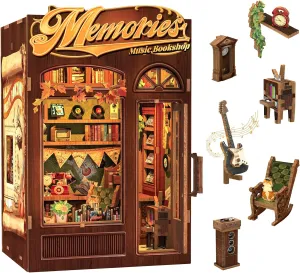(Memories Music Bookshop) CUTEBEE Book Nook Kit - DIY Miniature House Dollhouse Kit for Adult and Teens, Booknook Bookshelf Decor Alley Model Build with LED Light, Gifts commute for Family and Friends 