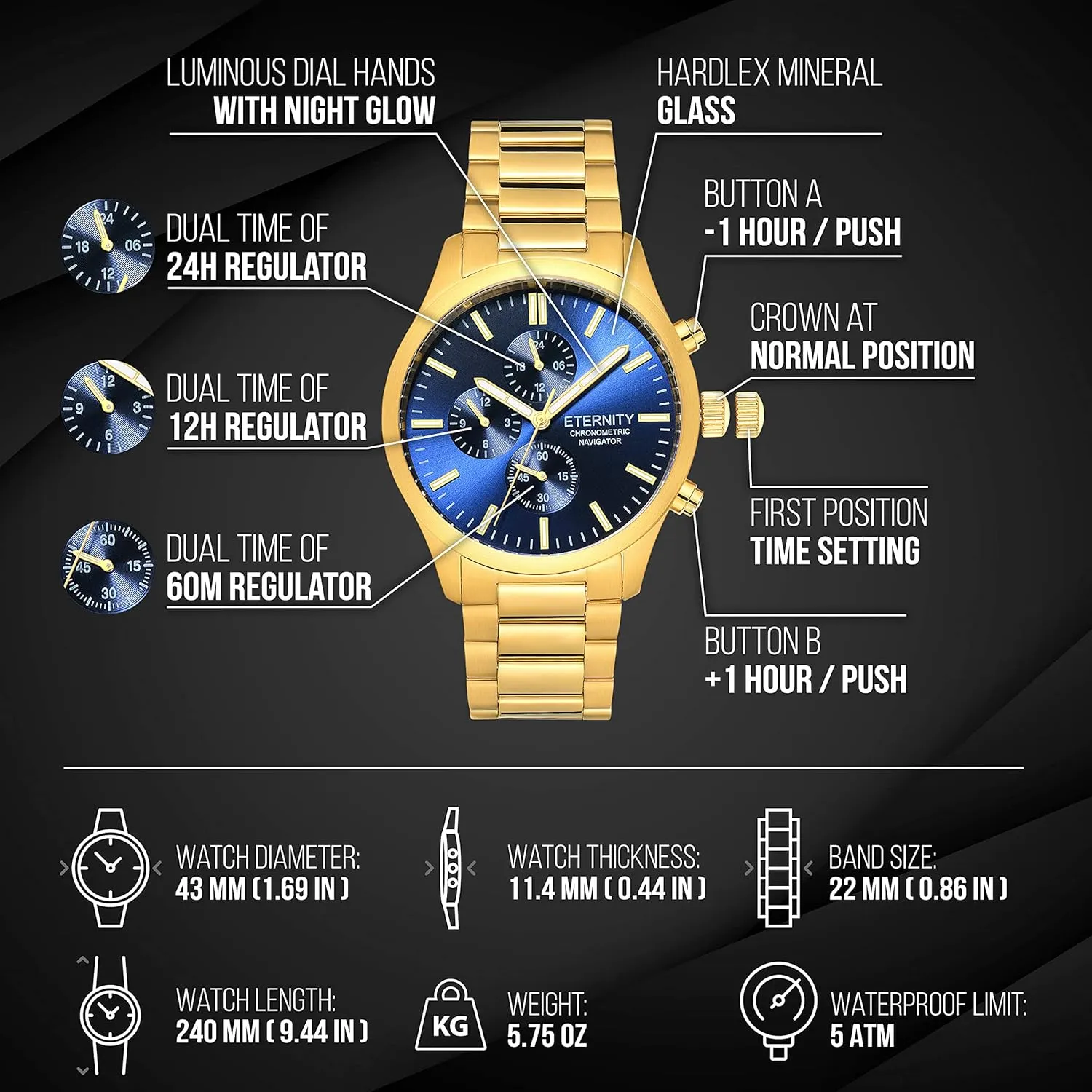 men's gifts, engraved back cover. (Gold/blue dial) oceanographer replenish engraved watch. Personalized multi function wrist watch, 
