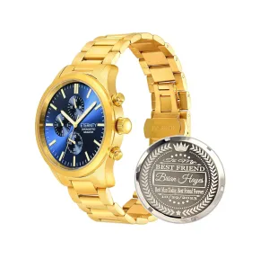 men's gifts, engraved back cover. (Gold/blue dial) oceanographer replenish engraved watch. Personalized multi function wrist watch, 
