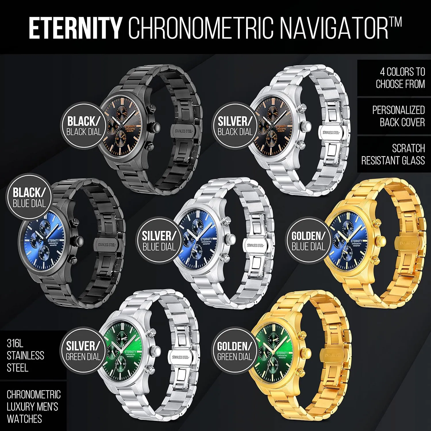 men's gifts, engraved back cover. (Gold/blue dial) oceanographer replenish engraved watch. Personalized multi function wrist watch, 