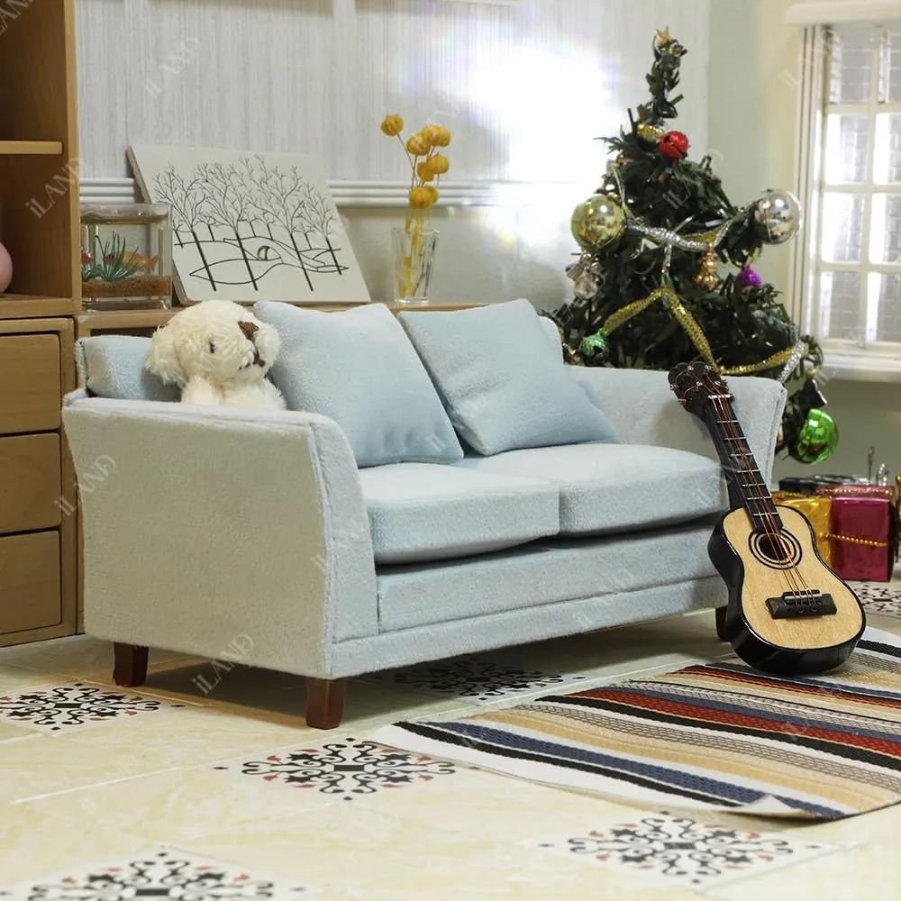 Miniature Sofa for Dollhouse Living Room (Light Sky Blue Velvet) scream iLAND Dollhouse Couch, Modern Dollhouse Furniture on 1/12 Scale, 