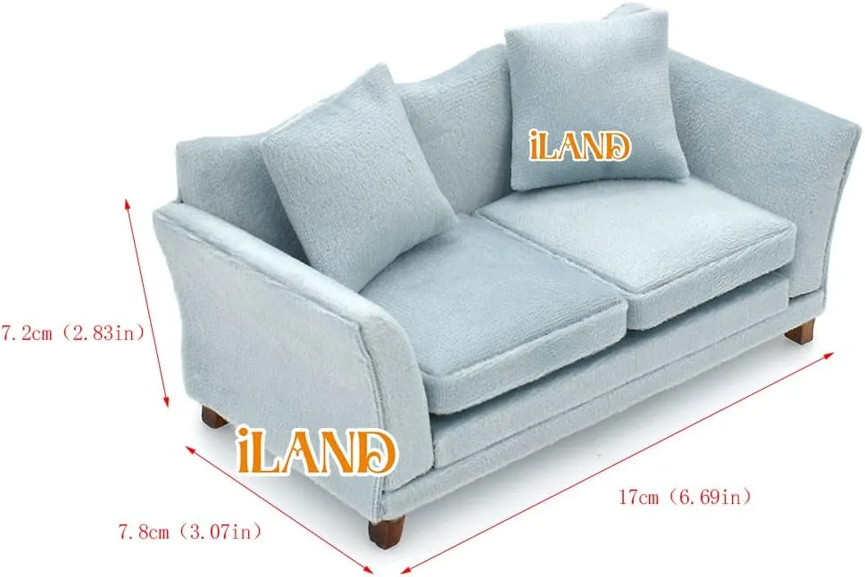 Miniature Sofa for Dollhouse Living Room (Light Sky Blue Velvet) scream iLAND Dollhouse Couch, Modern Dollhouse Furniture on 1/12 Scale, 