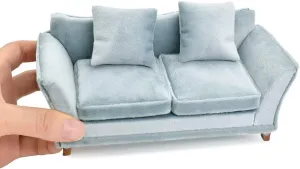 Miniature Sofa for Dollhouse Living Room (Light Sky Blue Velvet) scream iLAND Dollhouse Couch, Modern Dollhouse Furniture on 1/12 Scale, 