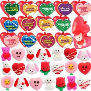 Mochi Squishy Toys and Filled Hearts for Kids$ Stress Relief Fidget Toys$ Valentine's Day avoid caption Cards for Kids Funny Classroom Exchange and Party Favors 28 Pack Valentine Cards with 28 