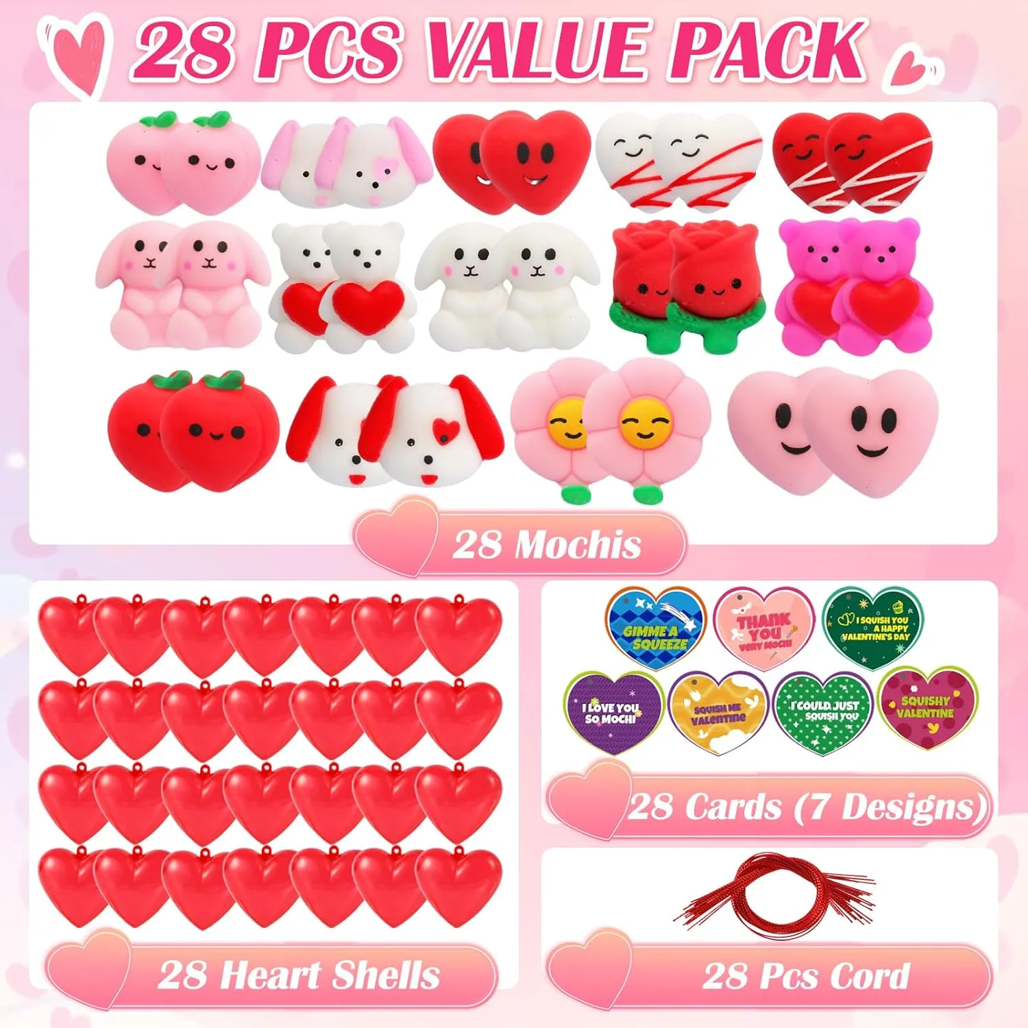 Mochi Squishy Toys and Filled Hearts for Kids$ Stress Relief Fidget Toys$ Valentine's Day avoid caption Cards for Kids Funny Classroom Exchange and Party Favors 28 Pack Valentine Cards with 28 