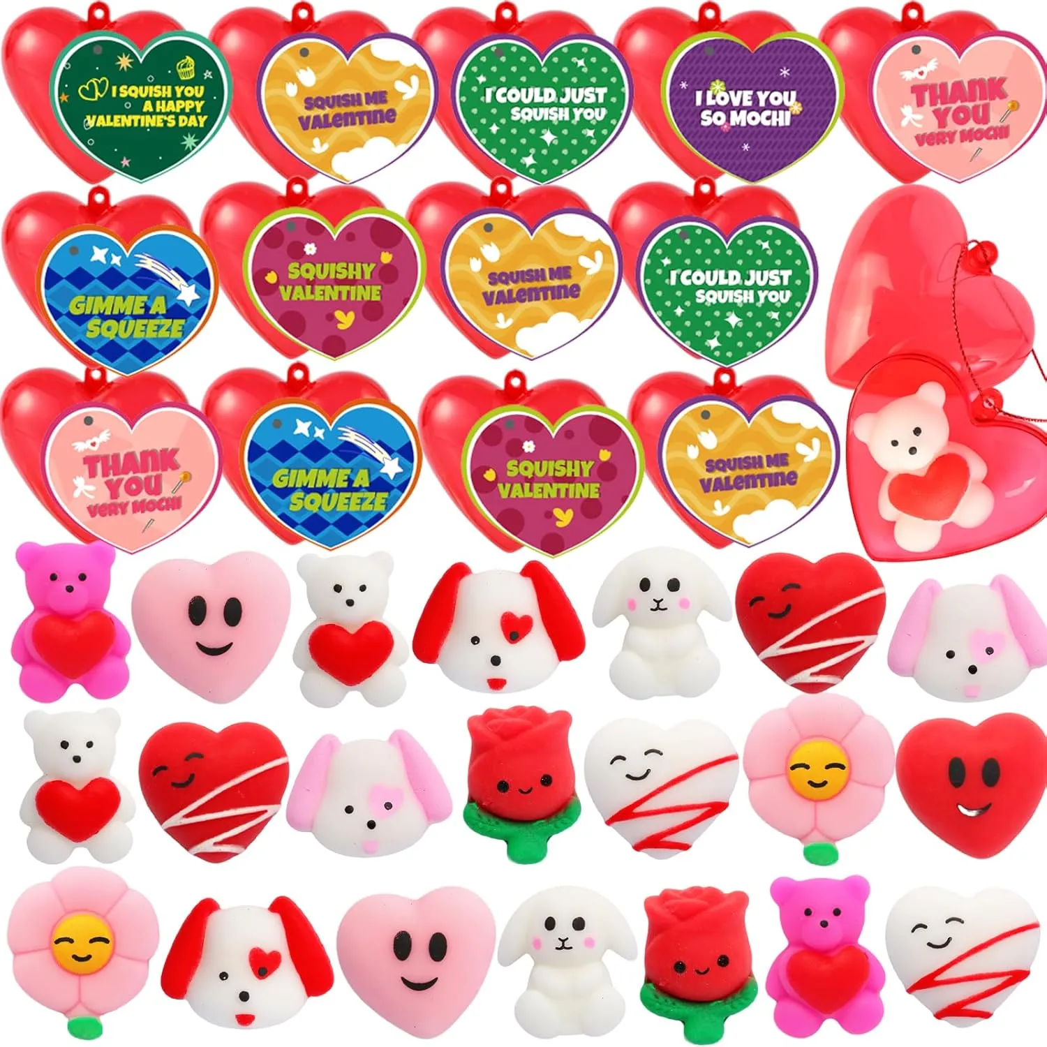 Mochi Squishy Toys and Filled Hearts for Kids$ Stress Relief Fidget Toys$ Valentine's Day avoid caption Cards for Kids Funny Classroom Exchange and Party Favors 28 Pack Valentine Cards with 28 