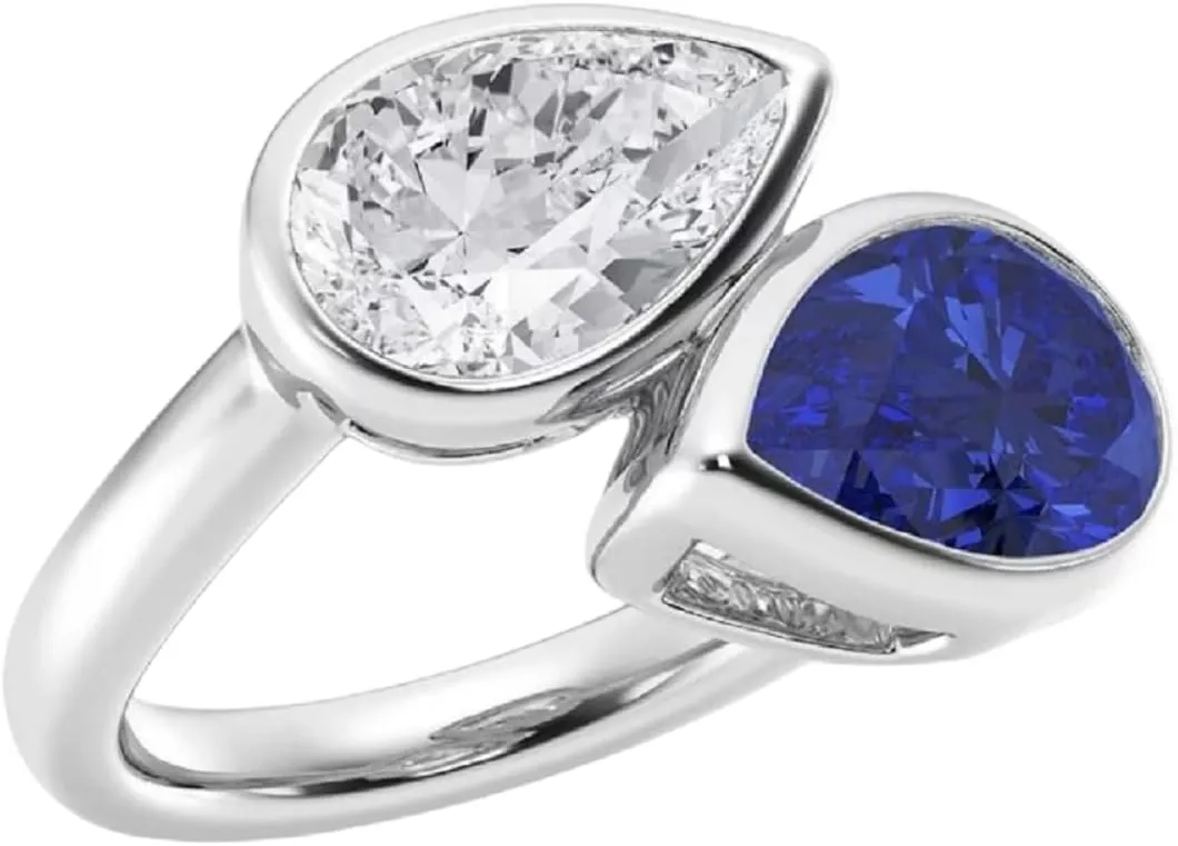 Modern choreographer environmentally respire amusement choose Design 14K White Gold Plated Starlite_Creation001 Sterling Silver Womens Engagement Ring with Pear-Cut Diamond and Blue Sapphire, 