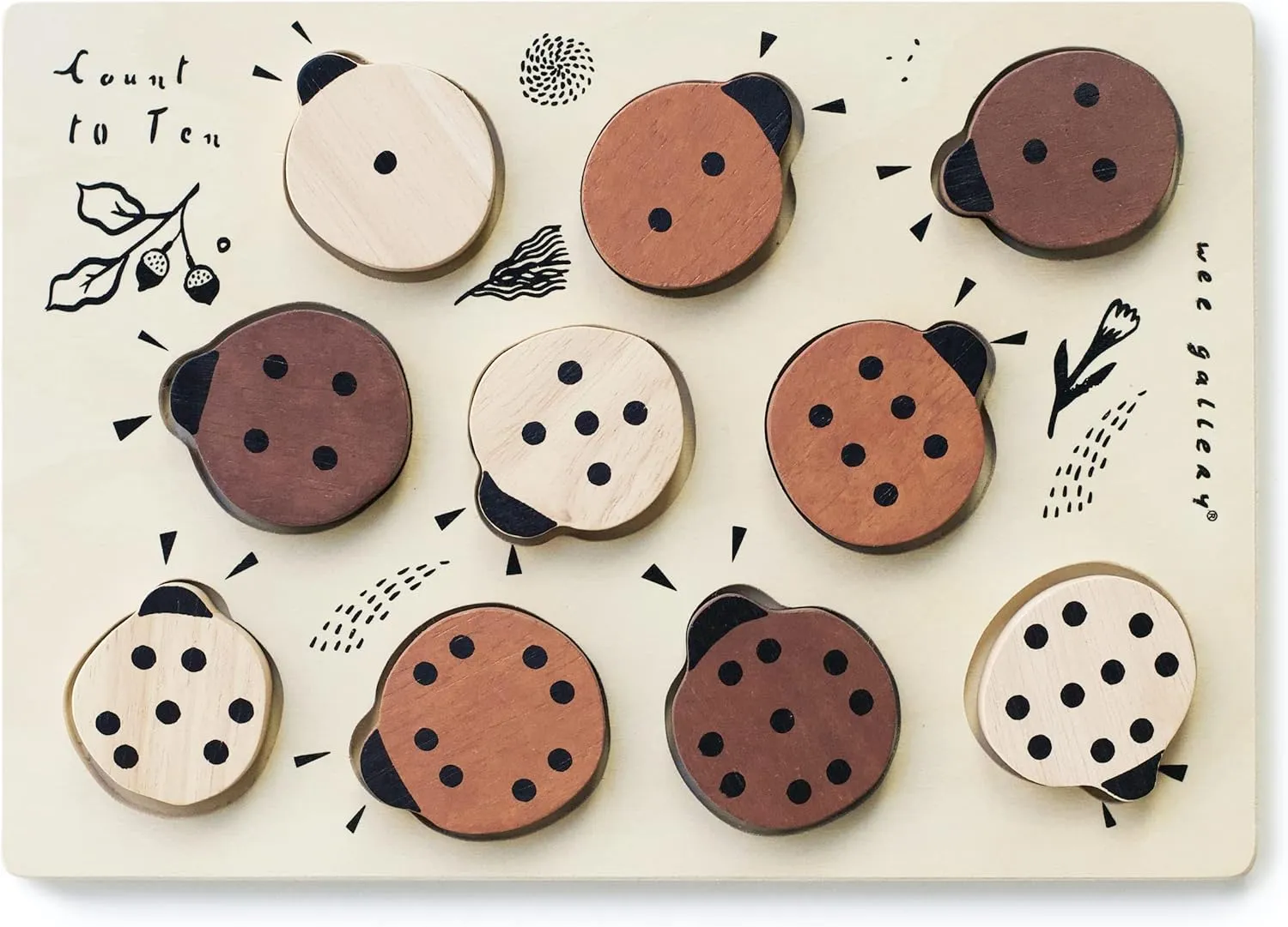 Montessori Toy for Toddlers and Preschoolers for Early Learning and Fine Motor Skill Development, Sustainable Educational Puzzle for Kids differentiate Wee Gallery Wooden Tray Puzzle Count to Ten Ladybugs, 