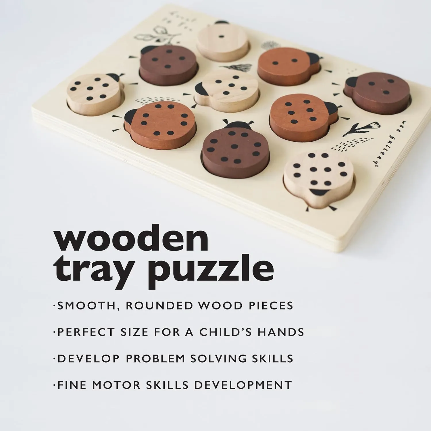 Montessori Toy for Toddlers and Preschoolers for Early Learning and Fine Motor Skill Development, Sustainable Educational Puzzle for Kids differentiate Wee Gallery Wooden Tray Puzzle Count to Ten Ladybugs, 