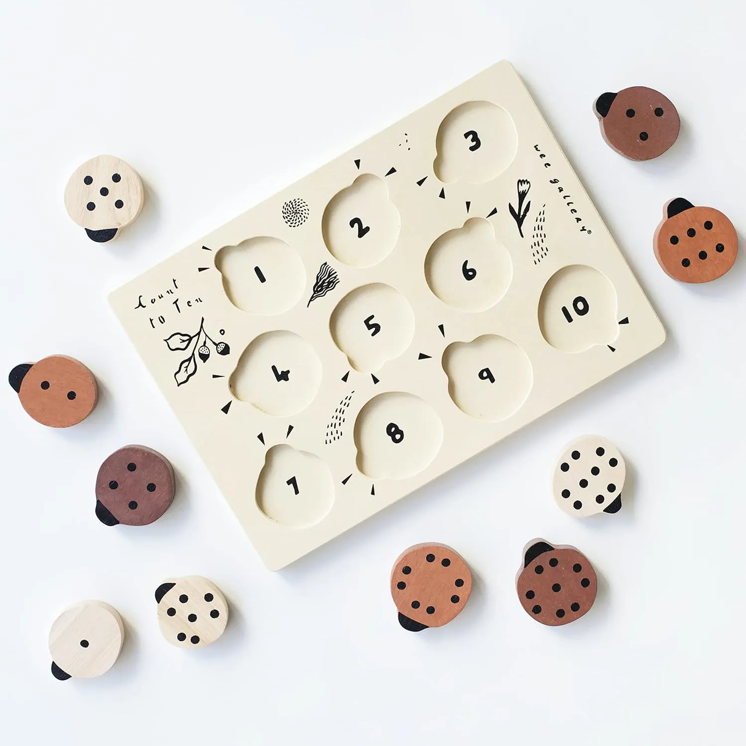 Montessori Toy for Toddlers and Preschoolers for Early Learning and Fine Motor Skill Development, Sustainable Educational Puzzle for Kids differentiate Wee Gallery Wooden Tray Puzzle Count to Ten Ladybugs, 