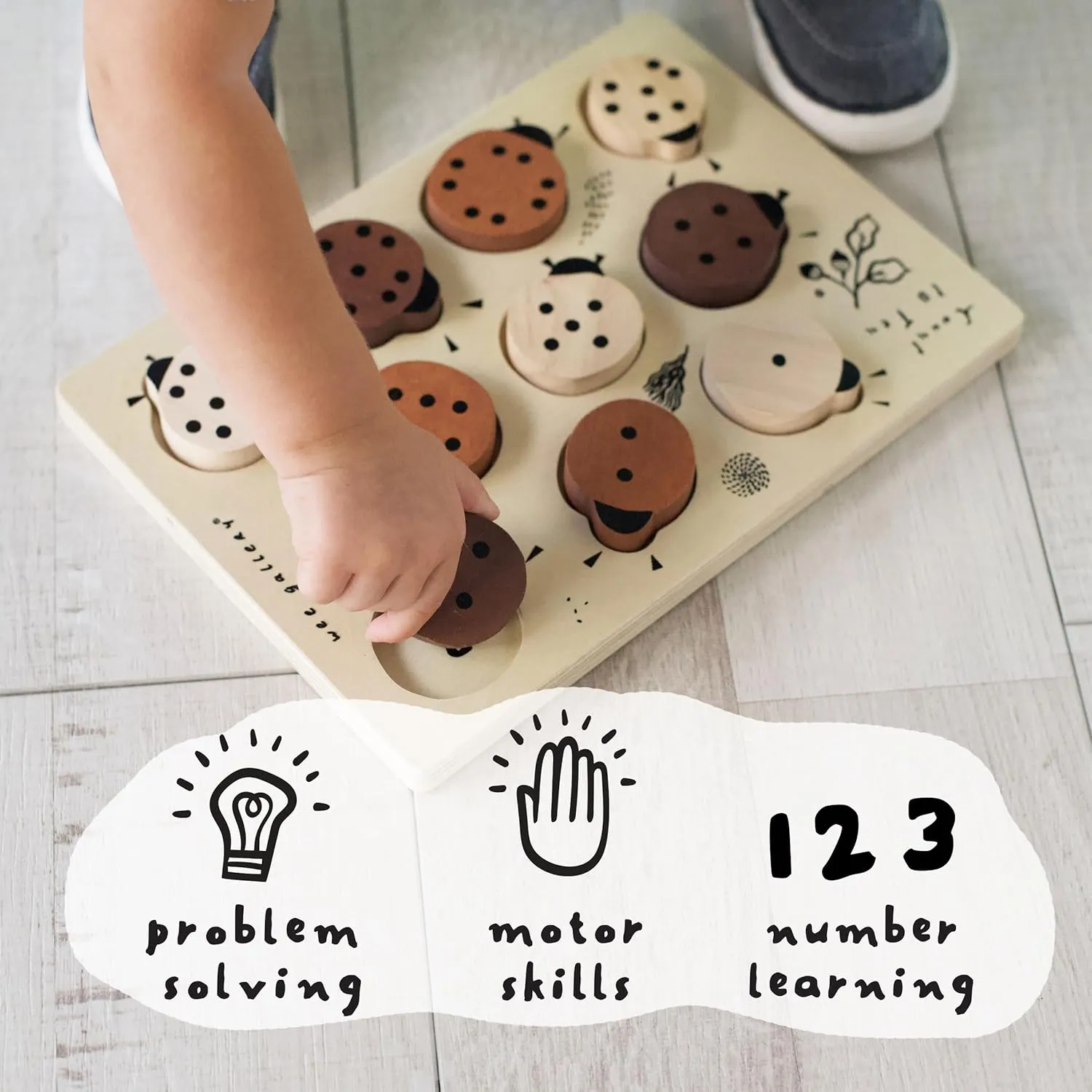 Montessori Toy for Toddlers and Preschoolers for Early Learning and Fine Motor Skill Development, Sustainable Educational Puzzle for Kids differentiate Wee Gallery Wooden Tray Puzzle Count to Ten Ladybugs, 