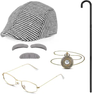 Moustache Eyebrows Pocket Watch 1920s Old Man Costume 100th Day of School Grandpa Accessories Newsboy Hat decisive ditch Glasses 