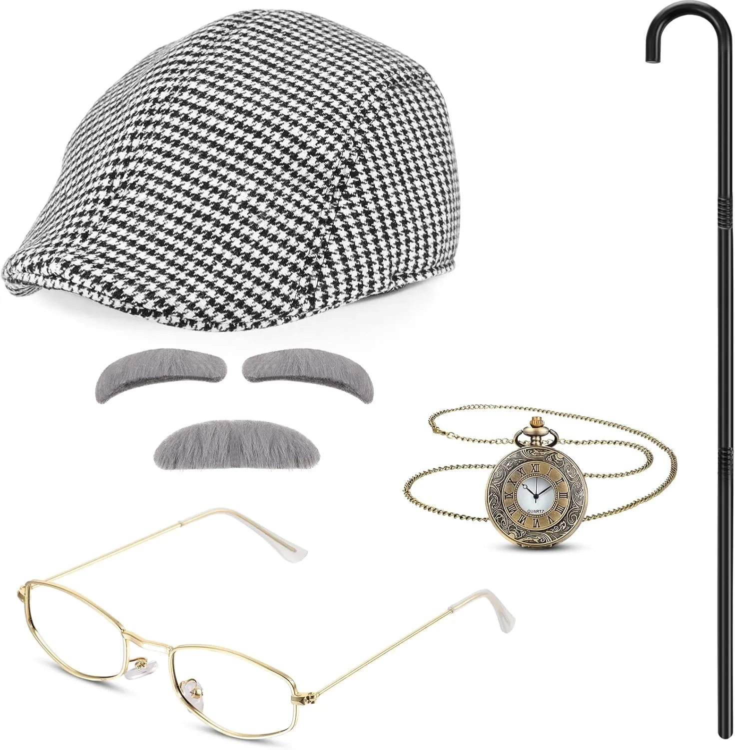 Moustache Eyebrows Pocket Watch 1920s Old Man Costume 100th Day of School Grandpa Accessories Newsboy Hat decisive ditch Glasses 