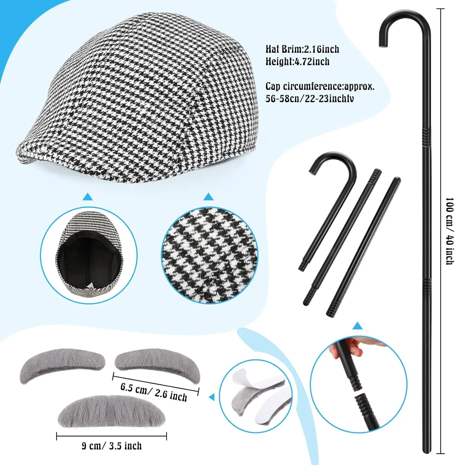 Moustache Eyebrows Pocket Watch 1920s Old Man Costume 100th Day of School Grandpa Accessories Newsboy Hat decisive ditch Glasses 
