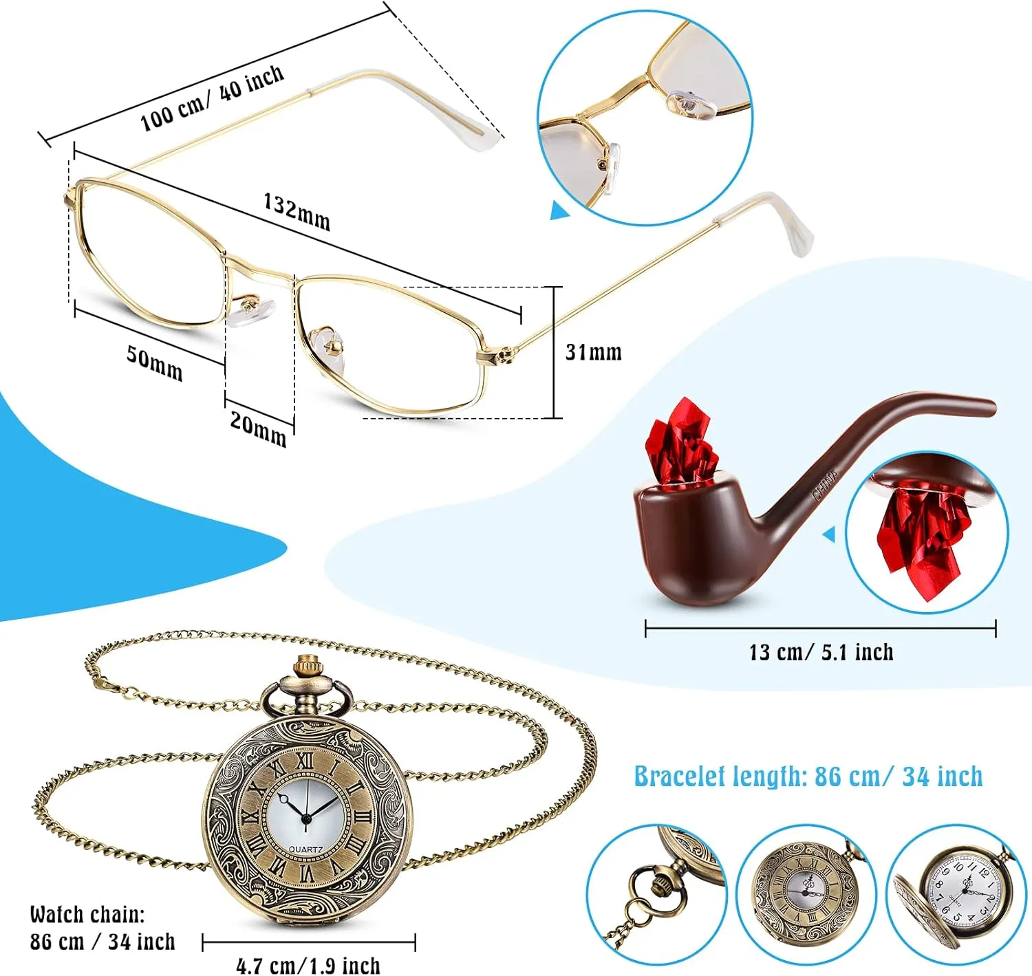 Moustache Eyebrows Pocket Watch 1920s Old Man Costume 100th Day of School Grandpa Accessories Newsboy Hat decisive ditch Glasses 