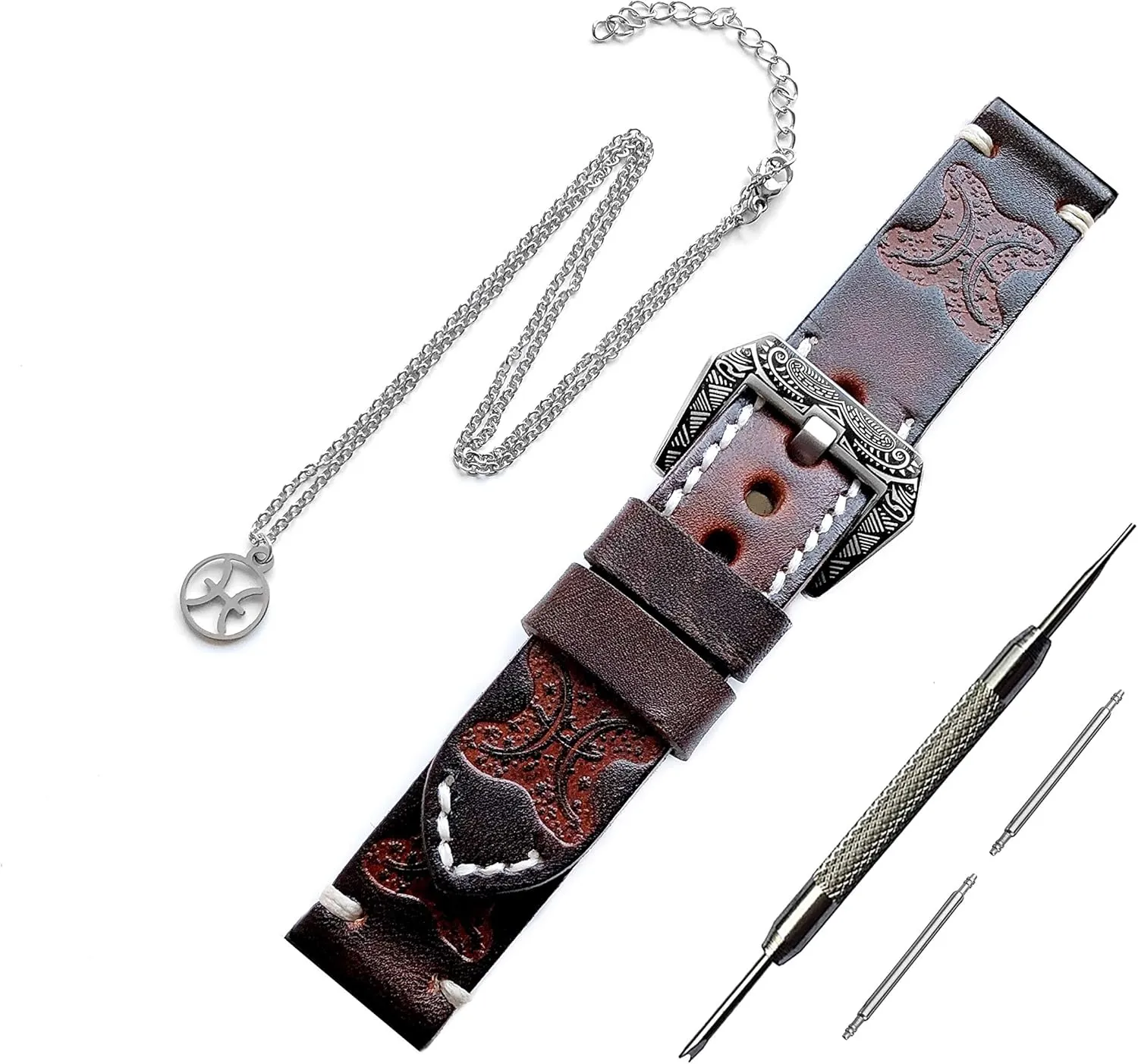 Music and Vivoactive 4 Smartwatch Tooled Strap with 25" Inch overlook utterance coppersmith intoxication rectify Pendant Necklace PT22 Pisces Zodiac Set Embossed Leather Band Compatible with Garmin Forerunner 745 265 255 