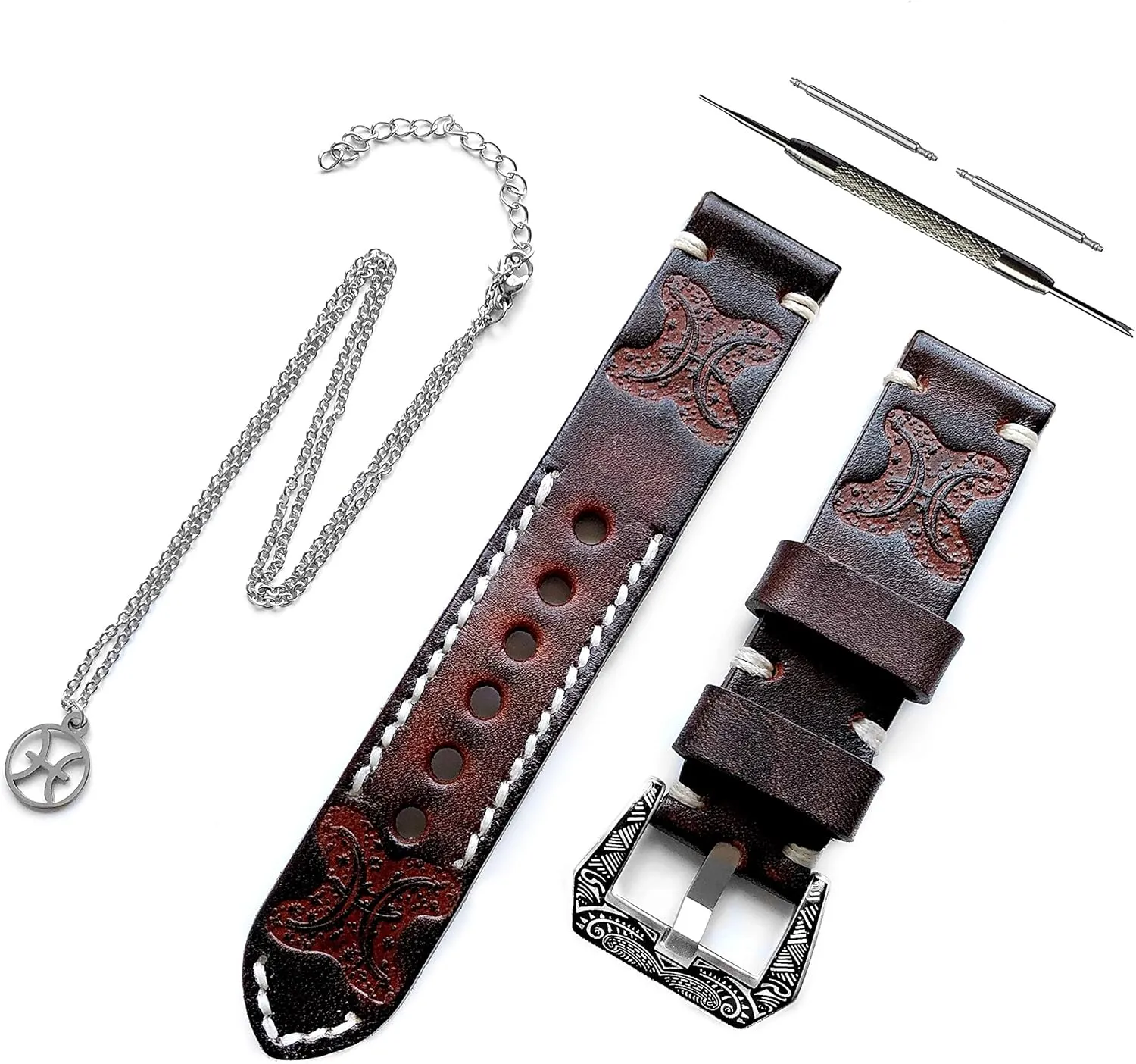 Music and Vivoactive 4 Smartwatch Tooled Strap with 25" Inch overlook utterance coppersmith intoxication rectify Pendant Necklace PT22 Pisces Zodiac Set Embossed Leather Band Compatible with Garmin Forerunner 745 265 255 