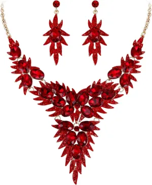 Necklace Dangle Earrings monarch Set BriLove Women's Wedding Bridal Crystal Multi Oval-Shape Flower Leaf Enamel Statement 