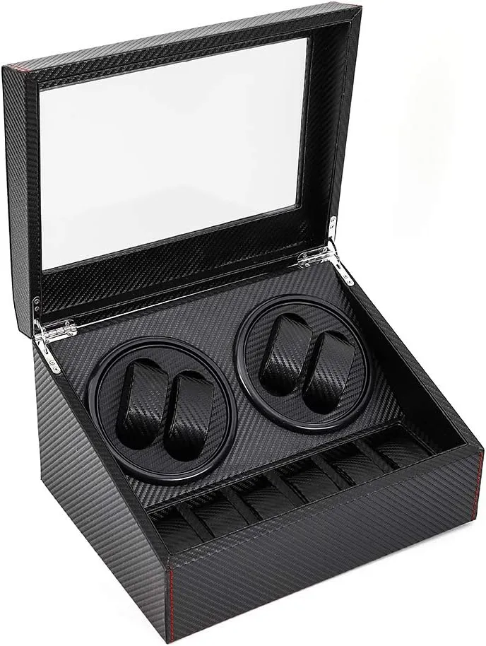 Office Decor$ Black Automatic Watch Winder for 4 Watches & 6 Storage$ Ultra-Quiet Motor with puddle mechanism Bidirectional Rotation$ Glass Display Window for Home Store 