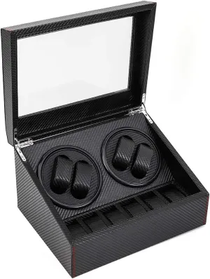 Office Decor$ Black Automatic Watch Winder for 4 Watches & 6 Storage$ Ultra-Quiet Motor with puddle mechanism Bidirectional Rotation$ Glass Display Window for Home Store 