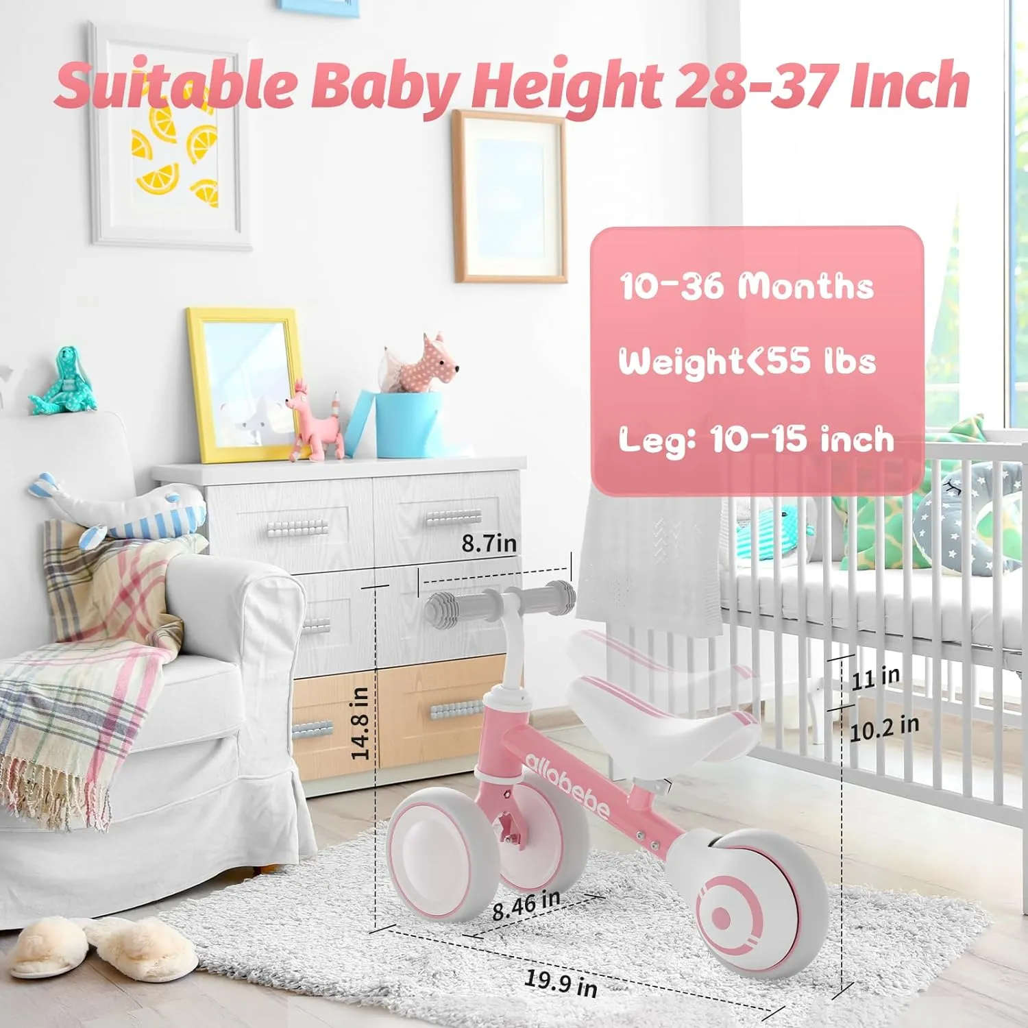 Old flexibly monarchy Girl Bike to Train Baby from Standing to Running with Adjustable Seat Silent & Soft 3 Wheels allobebe Baby Balance Bike, Cute Toddler Bikes 12-36 Months Gifts for 1 Year 