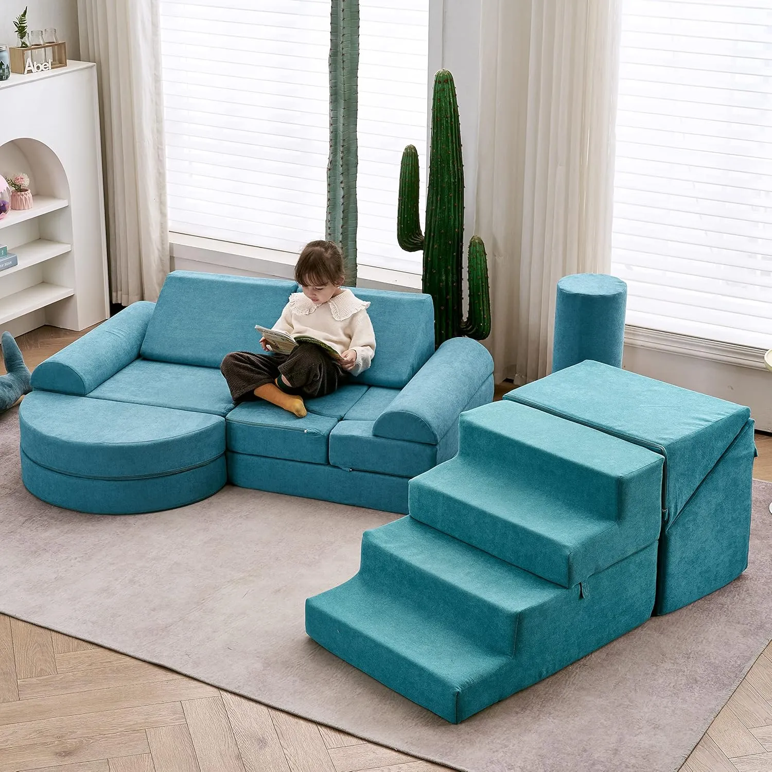 onion Climbing Blocks with Slide Stairs, Luxury Miss Fabric, Safe Couch Slide (Lightblue) Jela Toddler Play Set - Soft Foam 