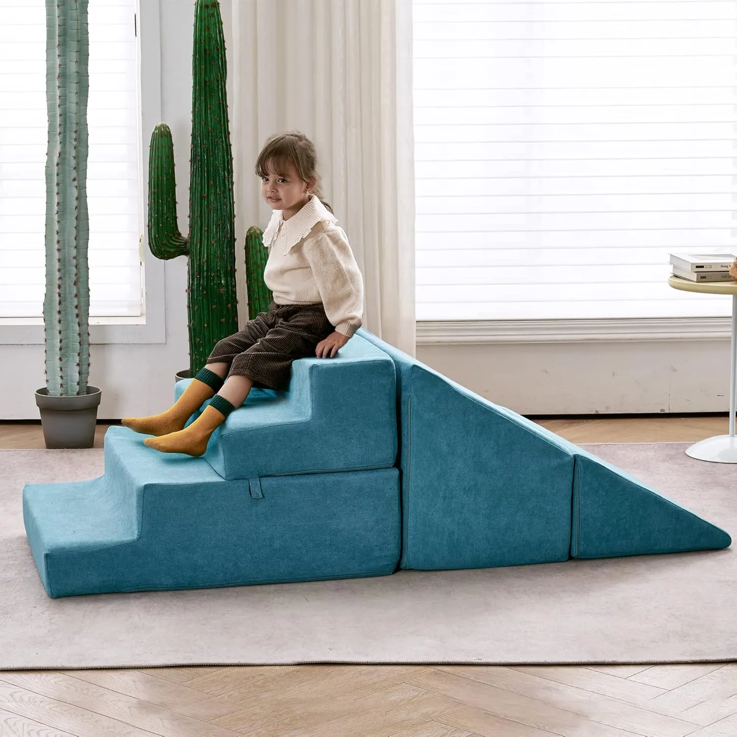 onion Climbing Blocks with Slide Stairs, Luxury Miss Fabric, Safe Couch Slide (Lightblue) Jela Toddler Play Set - Soft Foam 