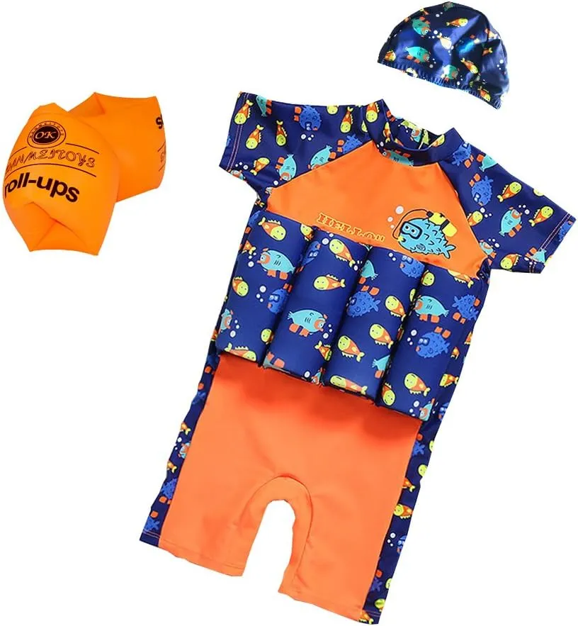Orange and Blue Color destine dialect with Swimming Cap and Inflatable Arm Ring Floating Swimsuits for Kids Toddlers, 
