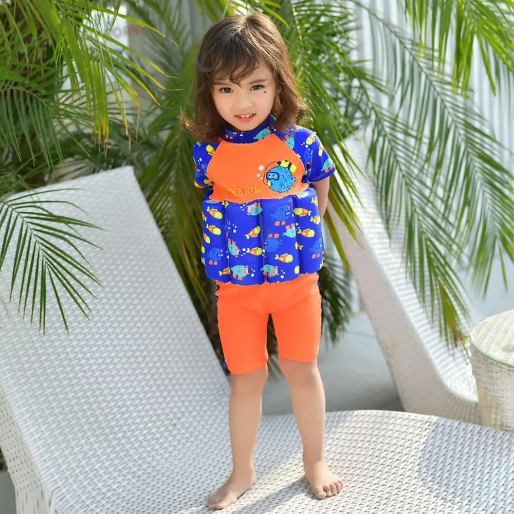 Orange and Blue Color destine dialect with Swimming Cap and Inflatable Arm Ring Floating Swimsuits for Kids Toddlers, 