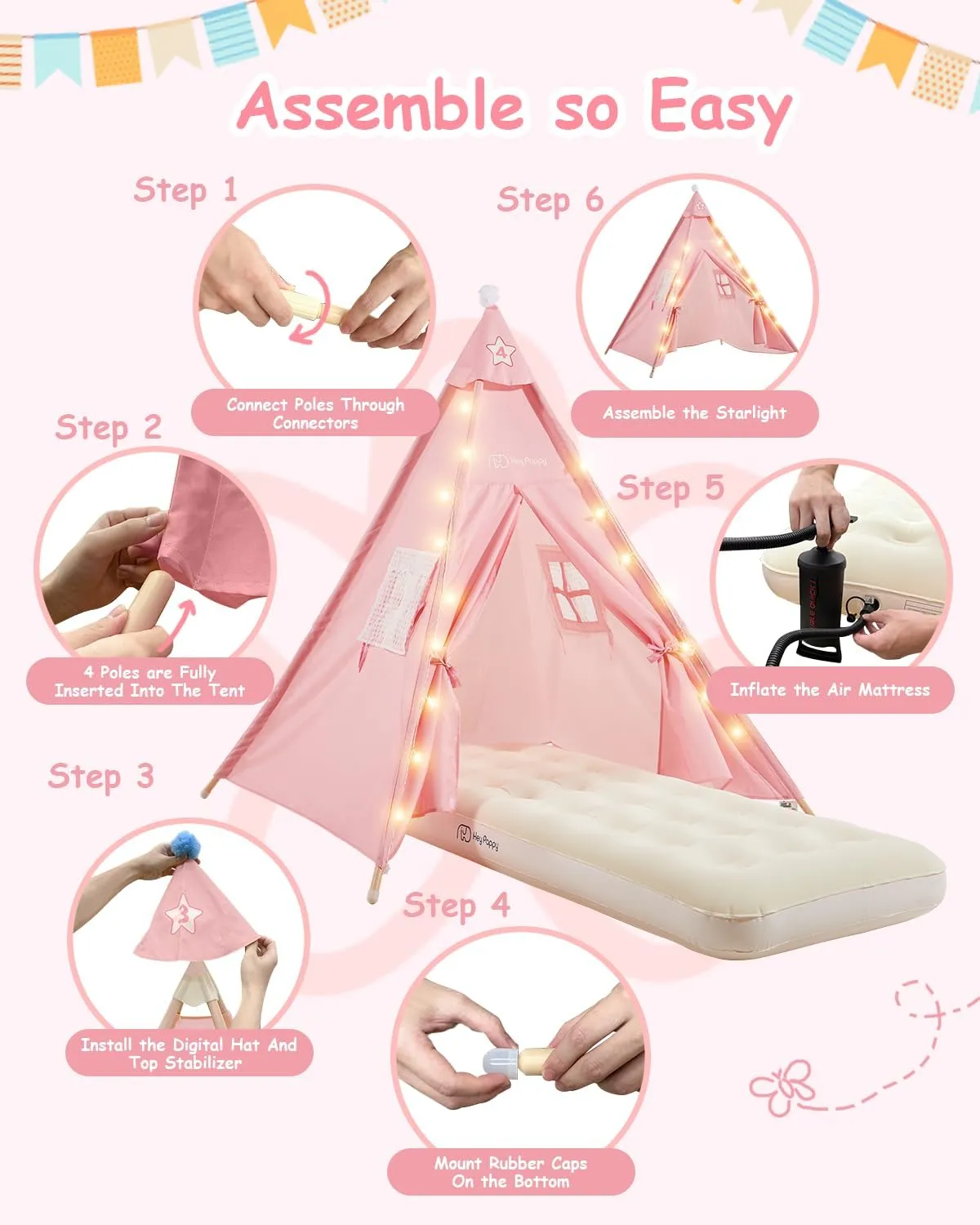 Pack Teepee Tent for Kids with Inflatable Airbed, Light, Toddler Playents Children Room Tents, Slumber Party Sleepover Tents, Indoor Outdoor Kids Playtent Playhouse for Girls & spiral robust companionship speculate impulse Boys 6 