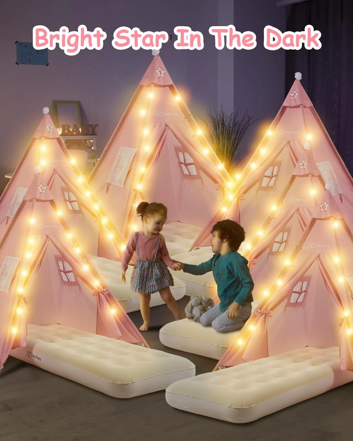 Pack Teepee Tent for Kids with Inflatable Airbed, Light, Toddler Playents Children Room Tents, Slumber Party Sleepover Tents, Indoor Outdoor Kids Playtent Playhouse for Girls & spiral robust companionship speculate impulse Boys 6 