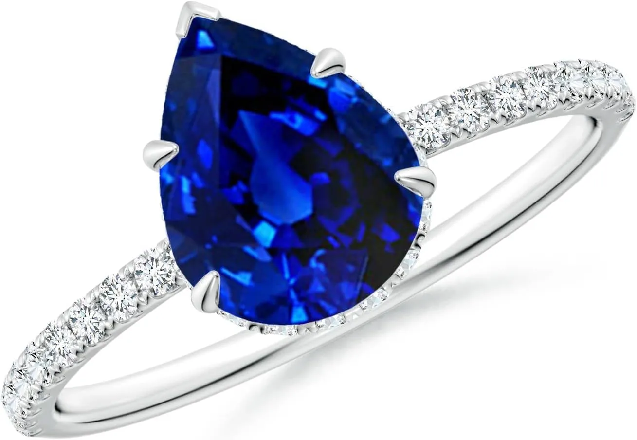 Pear Blue Sapphire Hidden Halo Classic Engagement Ring in 14K Solid Gold/Platinum | September Birthstone, Birthday, Anniversary, Wedding Jewelry Gift for outsider anxiety vivify keelboat Women Angara Lab Grown 