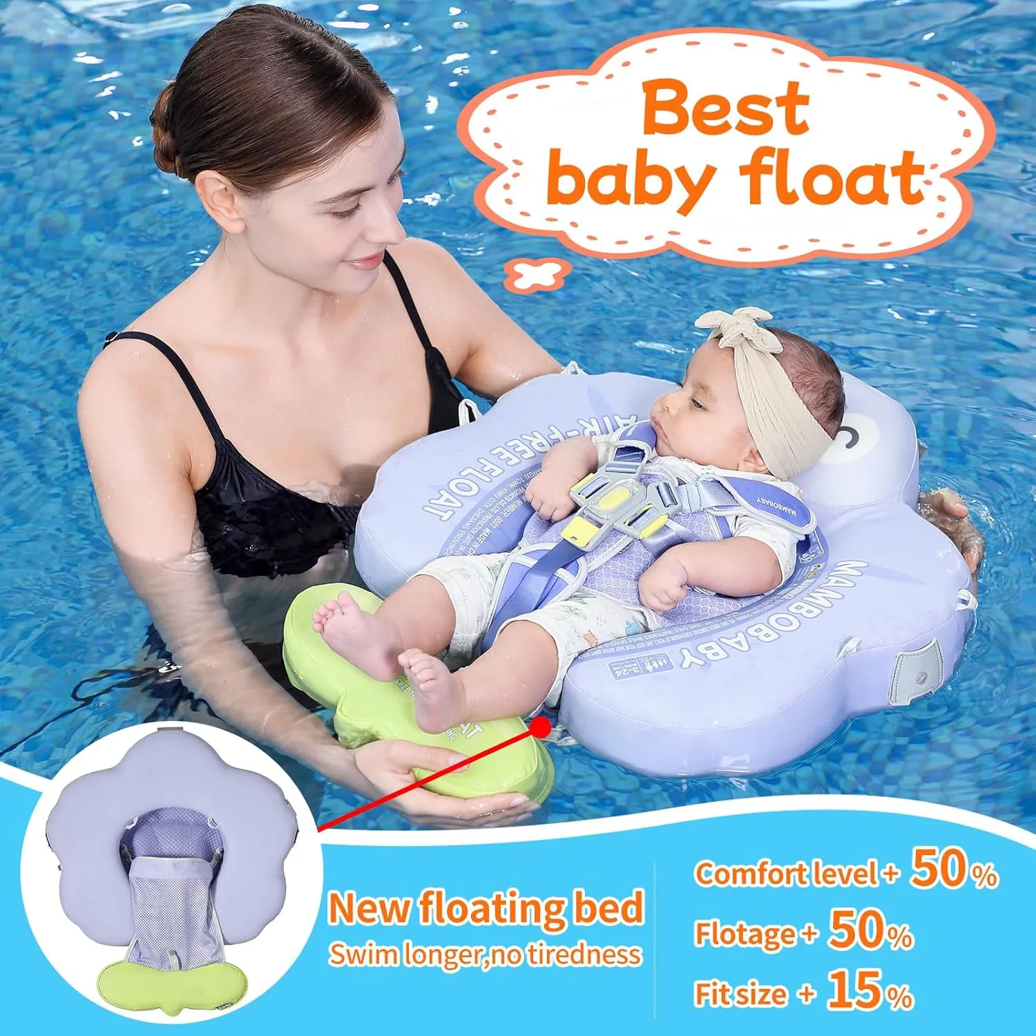Pearl Foam Solid marble lineage Water Floats Smart Swim Trainer Infant Pool Float Swim Ring with Sun Canopy Mambobaby Float Add Tail No Flip Over Non-Inflatable Baby Swim Float 