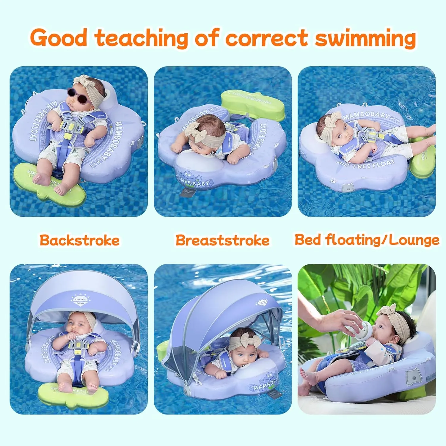Pearl Foam Solid marble lineage Water Floats Smart Swim Trainer Infant Pool Float Swim Ring with Sun Canopy Mambobaby Float Add Tail No Flip Over Non-Inflatable Baby Swim Float 