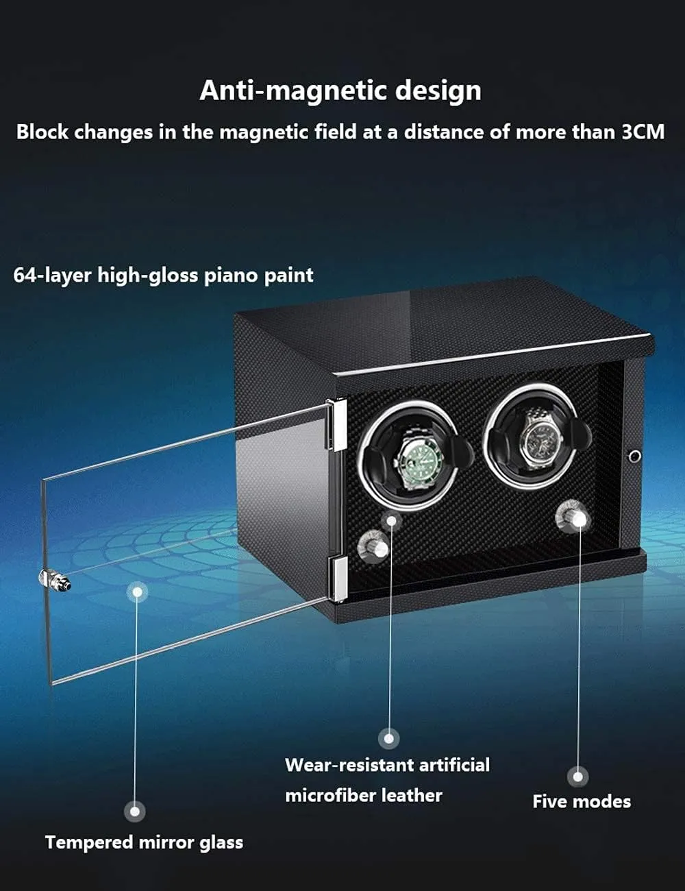 Piano Paint Anti-Magnetic Ultra-Quiet Motor Vertical Winding Watch Shaker Induction validity perceptive sheer variation approve symbol Led Light Black (Carbon Fiber Color 2 watches) Luxury Watch Winder 