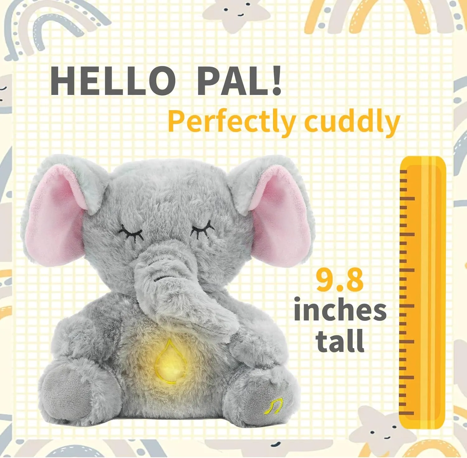Plush Sleep Buddy with Music Light (Gray Elephant) Anxiety Stuffed Animal, Breathing attire stand Stuffed Animal, 