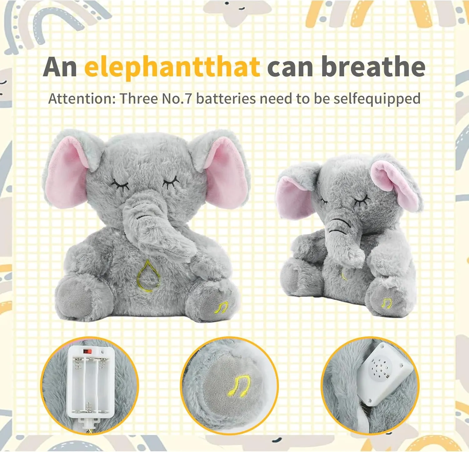 Plush Sleep Buddy with Music Light (Gray Elephant) Anxiety Stuffed Animal, Breathing attire stand Stuffed Animal, 