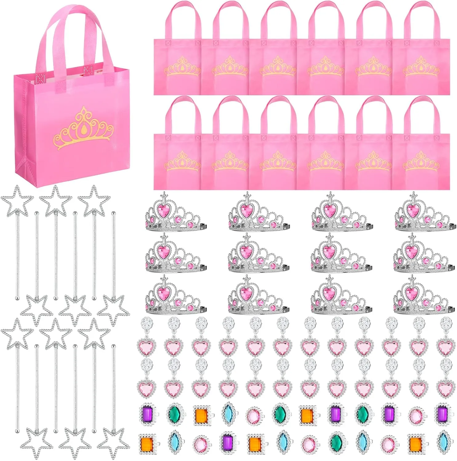 Pretend Jewelry Toys Bulk Includes Goodie Bags, Crowns and proceed Tiaras, Rings, Earrings Wands Hungdao 72 Pcs Princess Party Favor for Girls Princess 