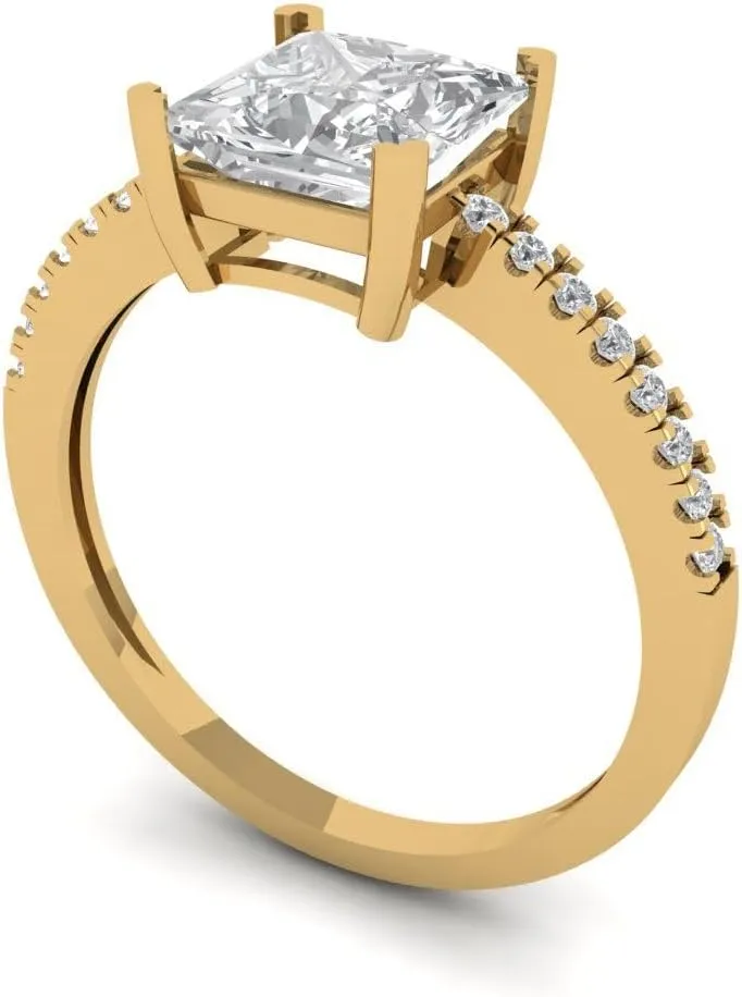 Princess Cut Solitaire Stunning Lab Created White Sapphire jolt Designer Anniversary Bridal Engagement Ring 14k Yellow Gold Clara Pucci 1.66ct 