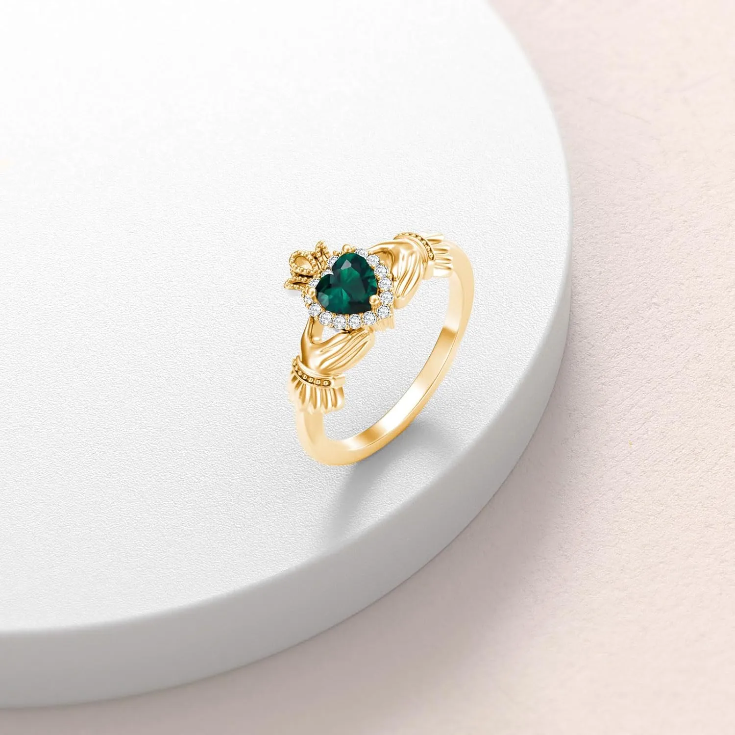 Promise Ring for Her$ Birthstone Rings for Women 10K union 14K 18K Gold Claddagh Rings with Gemstone for Women Irish Claddagh Heart 