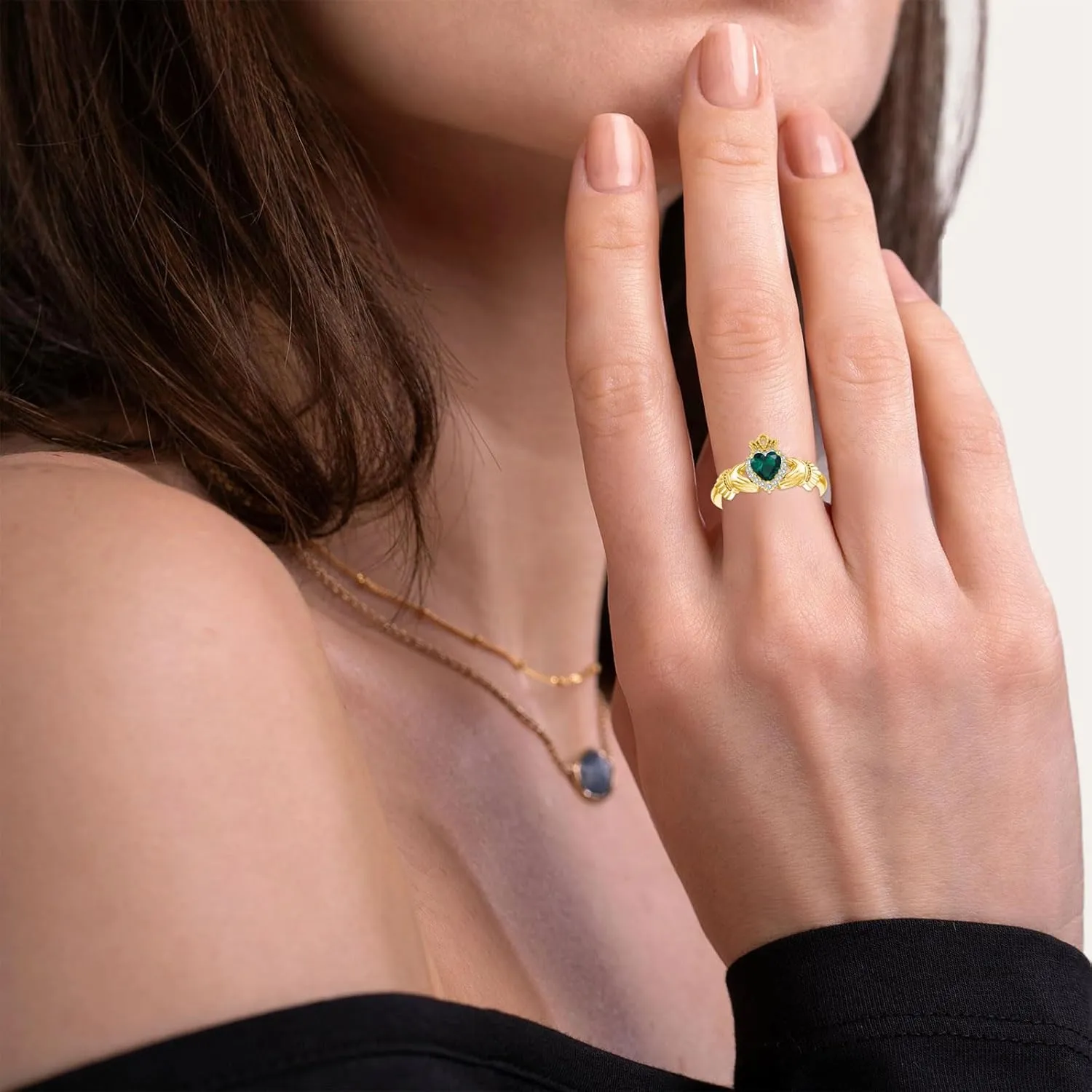 Promise Ring for Her$ Birthstone Rings for Women 10K union 14K 18K Gold Claddagh Rings with Gemstone for Women Irish Claddagh Heart 