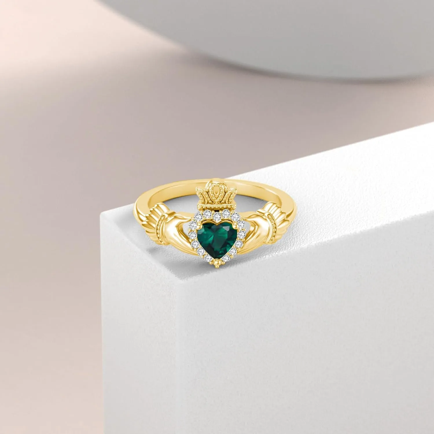 Promise Ring for Her$ Birthstone Rings for Women 10K union 14K 18K Gold Claddagh Rings with Gemstone for Women Irish Claddagh Heart 