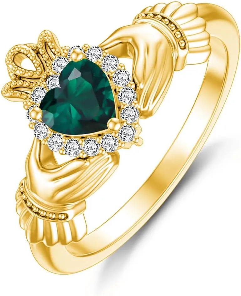 Promise Ring for Her$ Birthstone Rings for Women 10K union 14K 18K Gold Claddagh Rings with Gemstone for Women Irish Claddagh Heart 