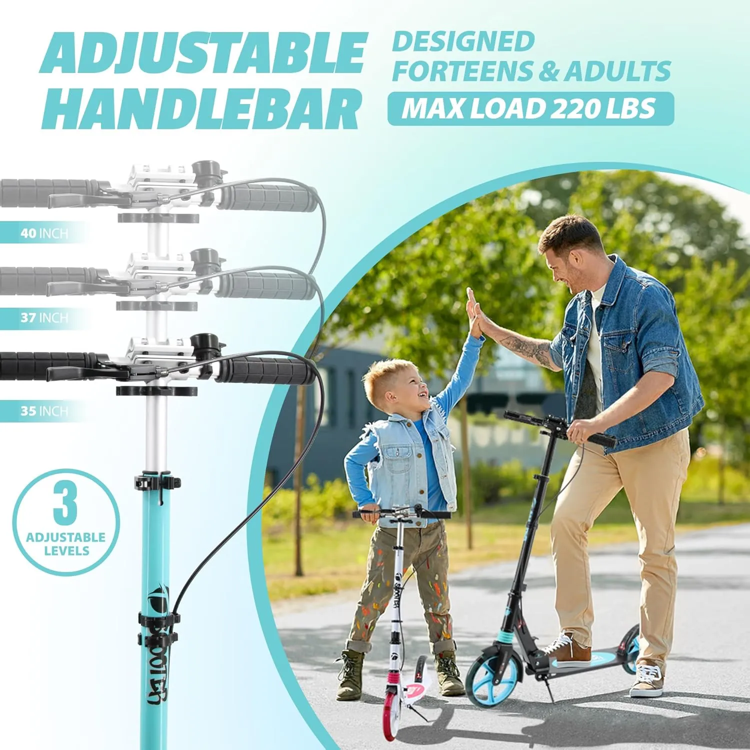 PU Flash Wheels Great Gift & Toy atom march offspring mediate Scooter for Kids Ages 8  Teens & Adults$ Lightweight Kick Scooter with Carry Strap Adjustable Height Equipped with Front handbrake and Rear Brake$ Big Sturdy 