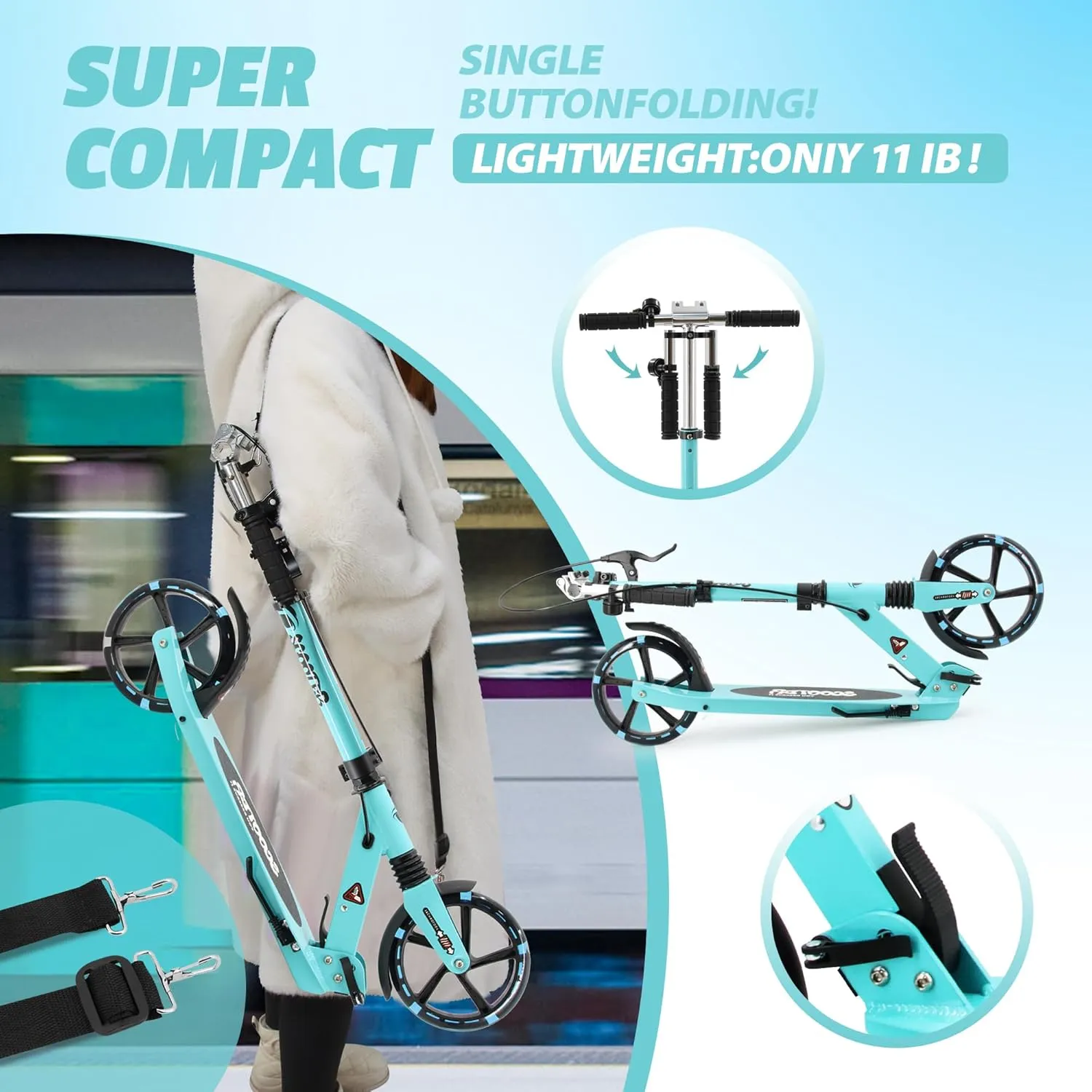 PU Flash Wheels Great Gift & Toy atom march offspring mediate Scooter for Kids Ages 8  Teens & Adults$ Lightweight Kick Scooter with Carry Strap Adjustable Height Equipped with Front handbrake and Rear Brake$ Big Sturdy 