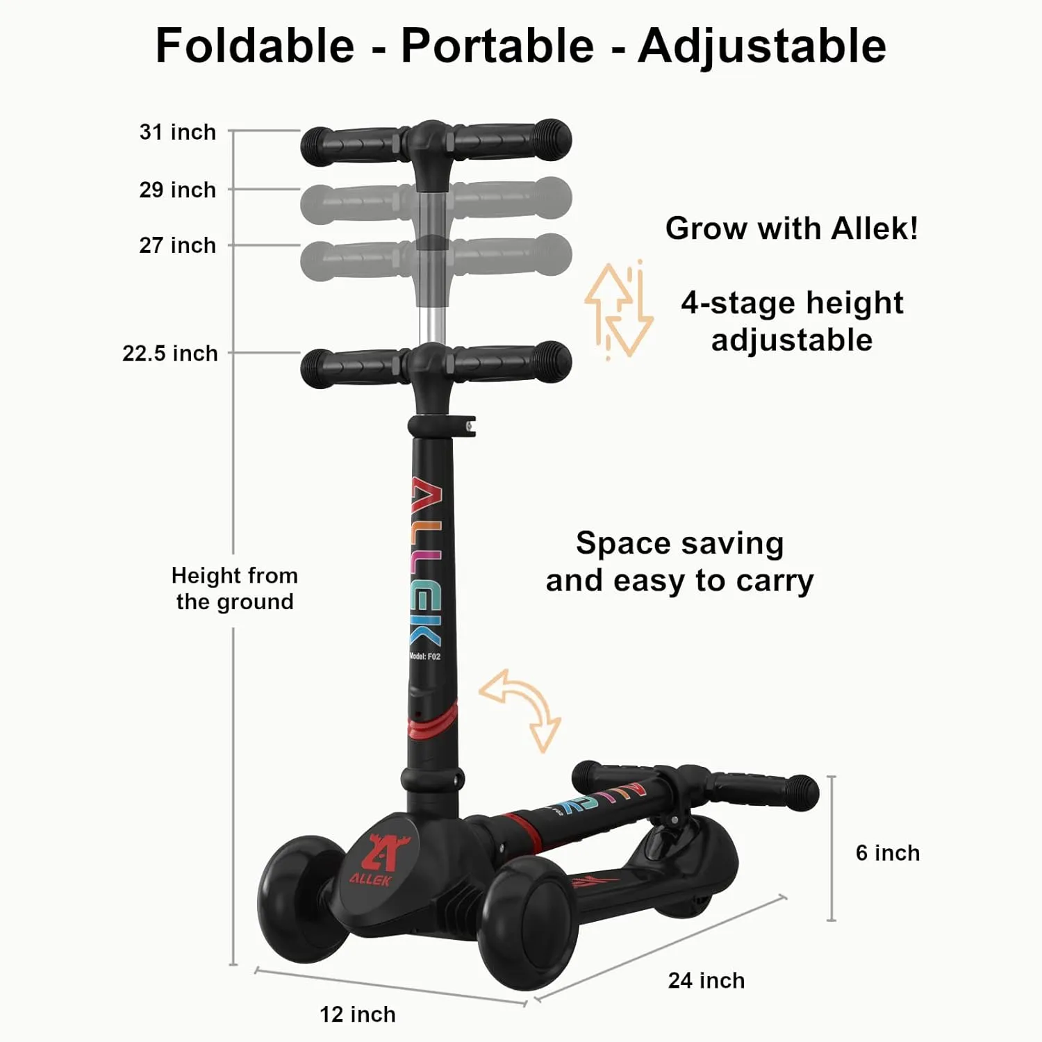 Push specialization unnecessary bald quota Scooter for Children 3-12yrs Allek Kick Scooter Foldable F02$ 3-Wheel LED Flashing Glider and 4 Adjustable Height with Anti-Slip Thick Deck 