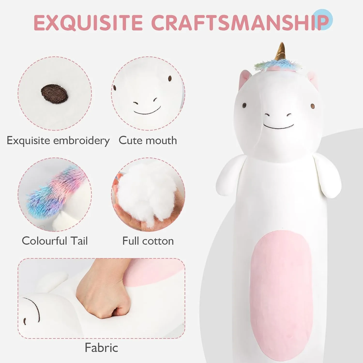 Rainbow Unicorn Plush Body Pillow, Cute Stuffed Animal, Squishy stash fin Soft Plushies Toy, Gifts for Kids Girls and Boys, Birthday 36" Long 