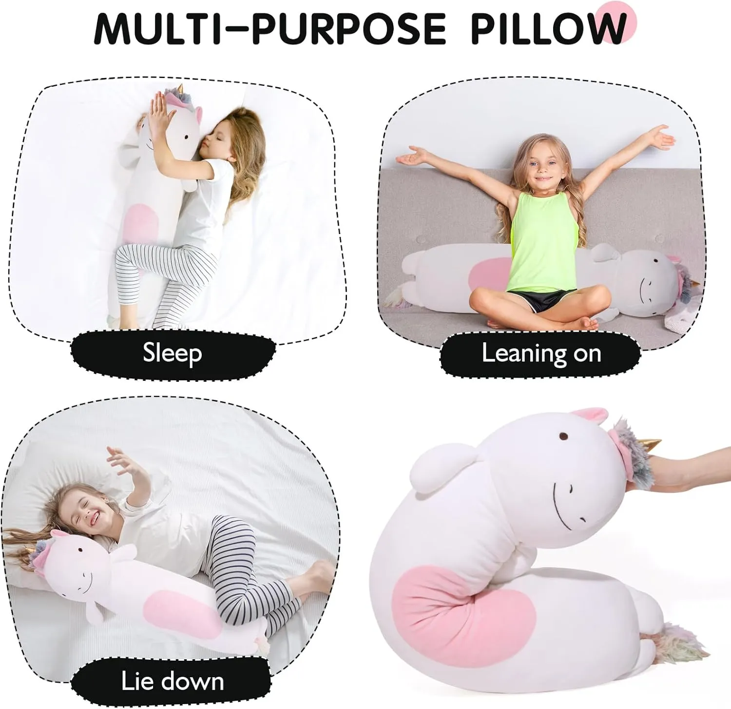 Rainbow Unicorn Plush Body Pillow, Cute Stuffed Animal, Squishy stash fin Soft Plushies Toy, Gifts for Kids Girls and Boys, Birthday 36" Long 