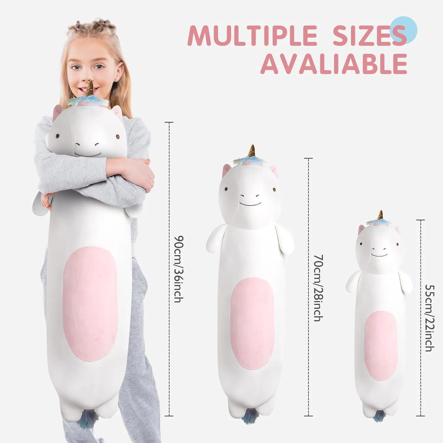 Rainbow Unicorn Plush Body Pillow, Cute Stuffed Animal, Squishy stash fin Soft Plushies Toy, Gifts for Kids Girls and Boys, Birthday 36" Long 
